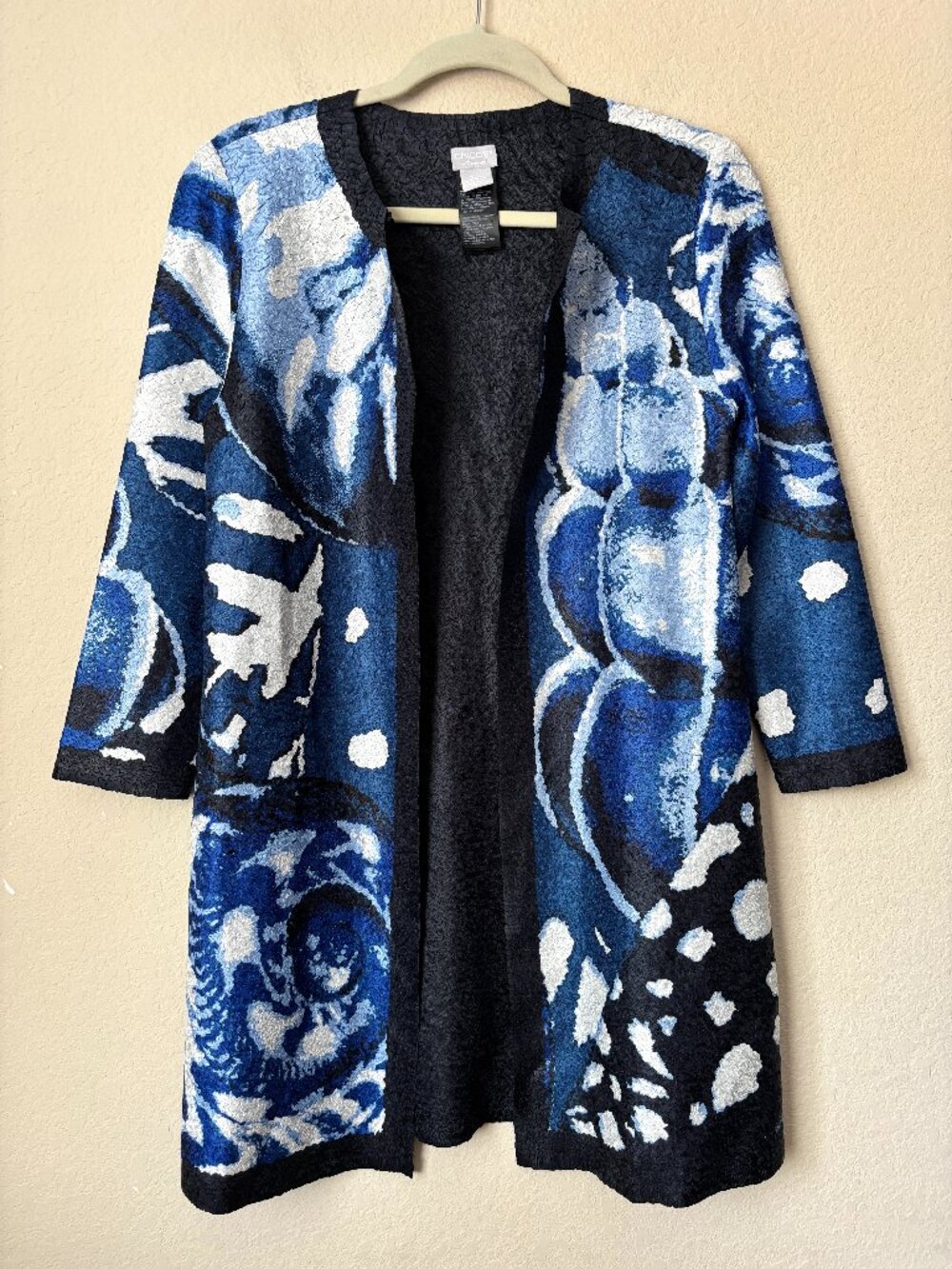 Chico’s Travelers Reversible Navy Printed Crushed Longline Jacket